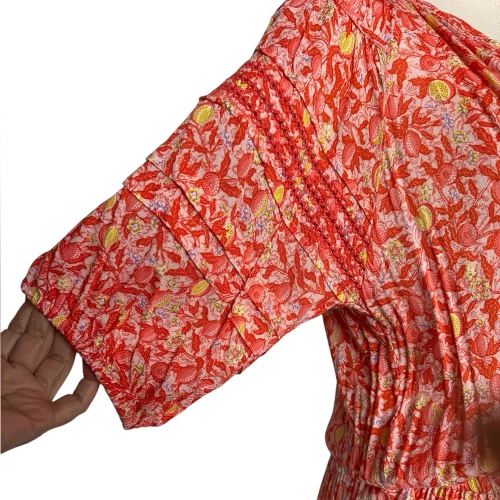 Poupette St. Barth Bonne V-Neck Dress in Orange & Yellow Fruit Print Size Medium